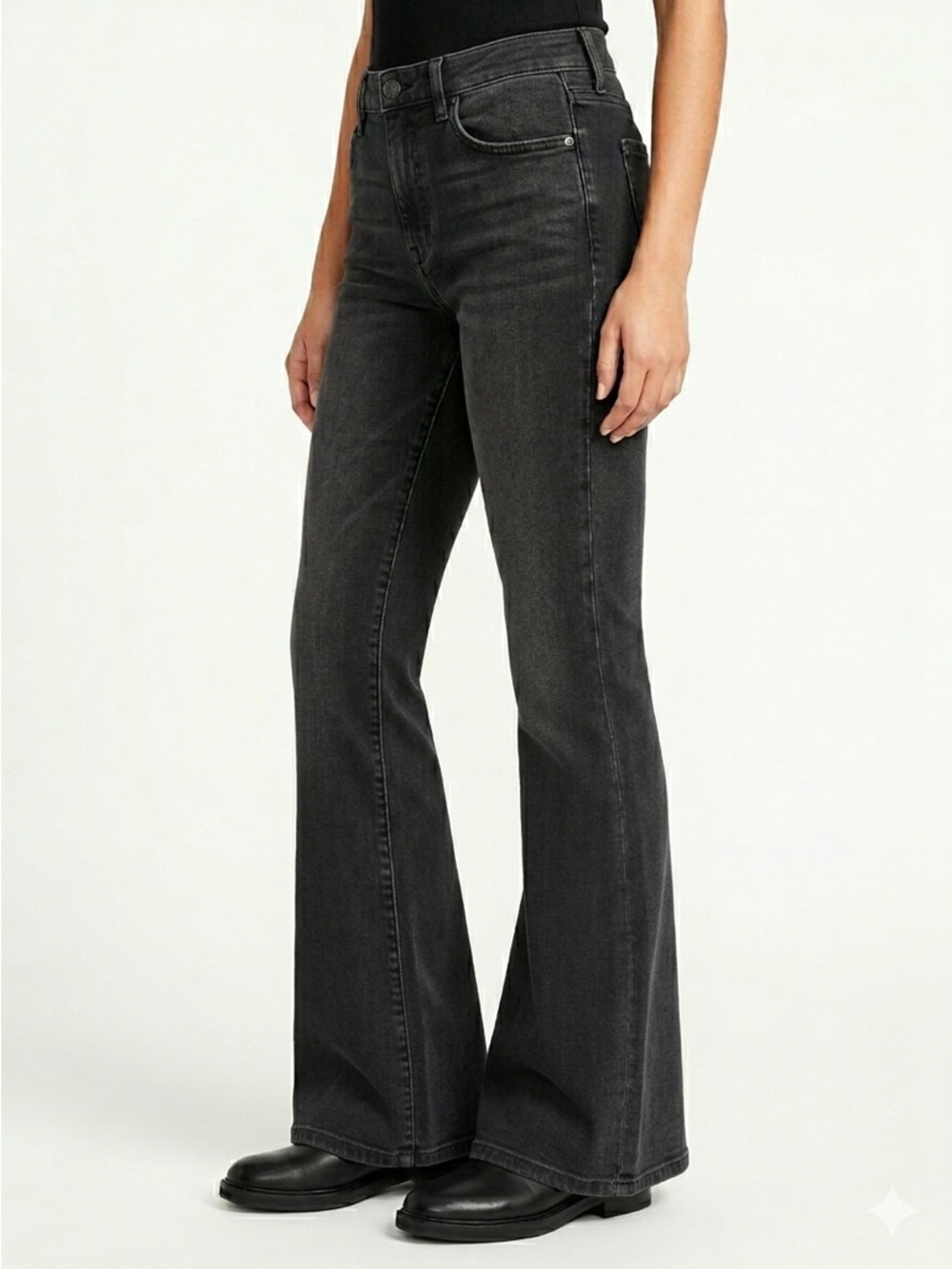 Pistola High Rise Flare Jeans Raw Hem Stretch Denim Faded Black 30